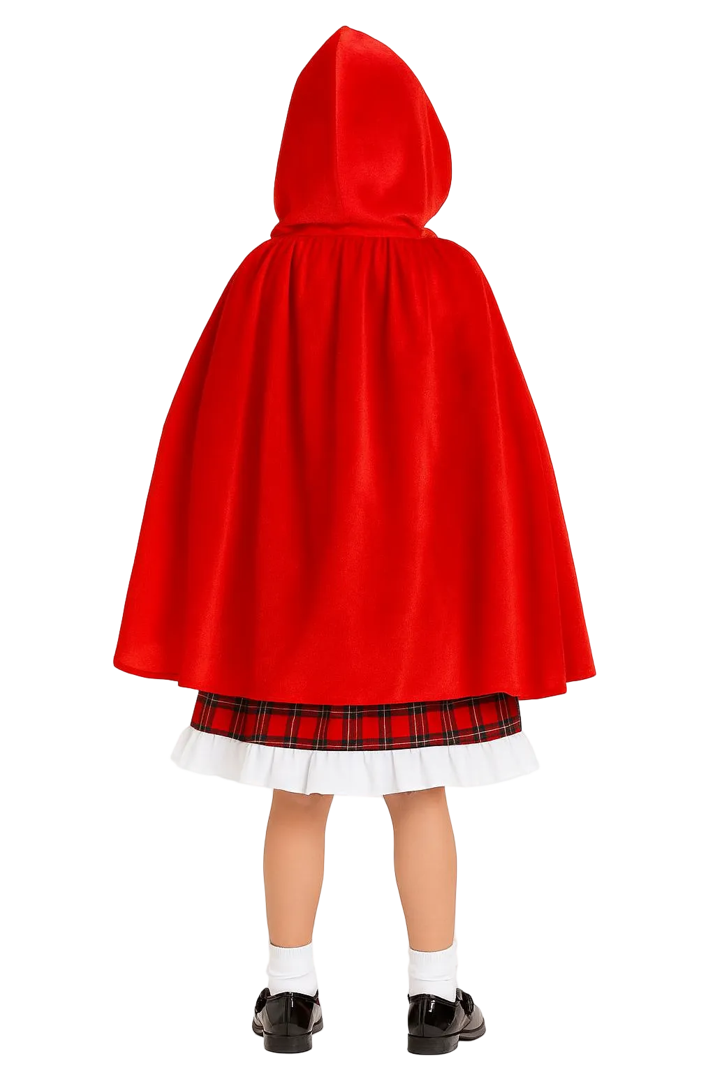 Girl wearing Red Riding Hood costume, with a hooded cloak over a plaid skirt on a white background