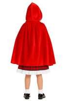 Girl wearing Red Riding Hood costume, with a hooded cloak over a plaid skirt on a white background