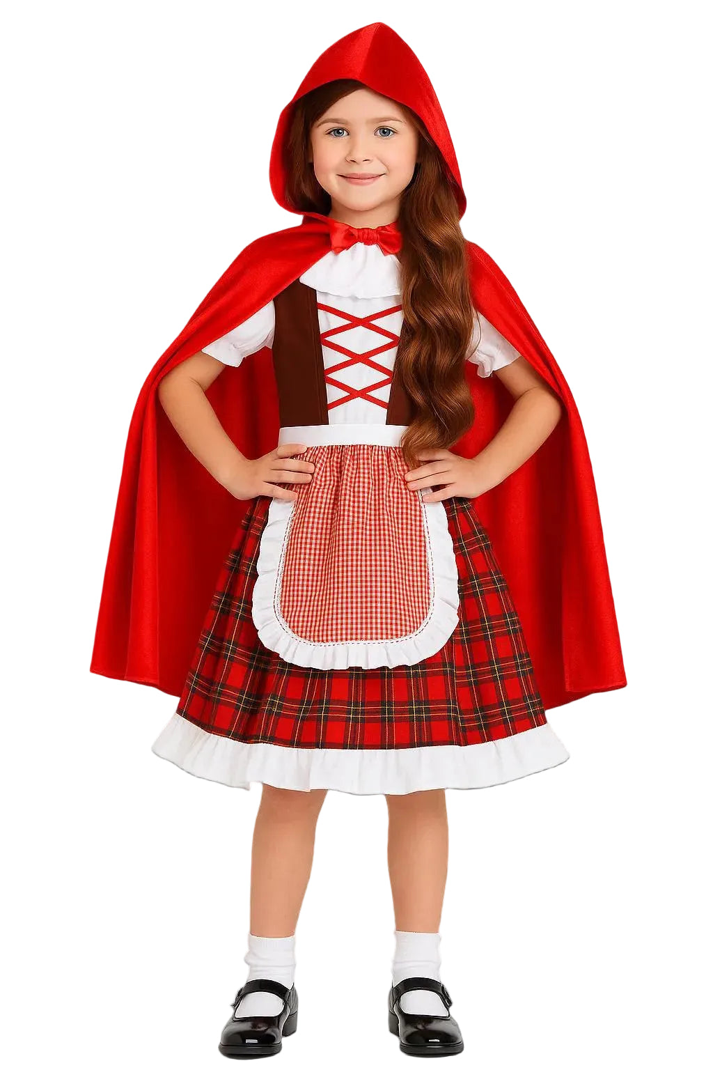Child wearing a Little Red Riding Hood costume on a white background