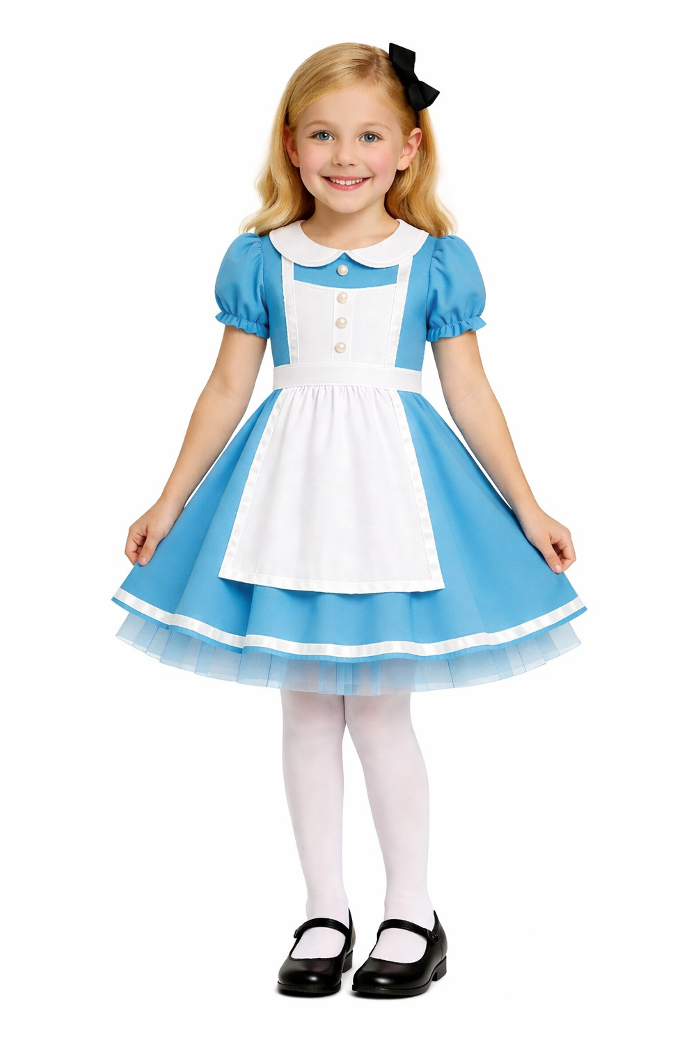 Child wearing a blue and white dress on a white background