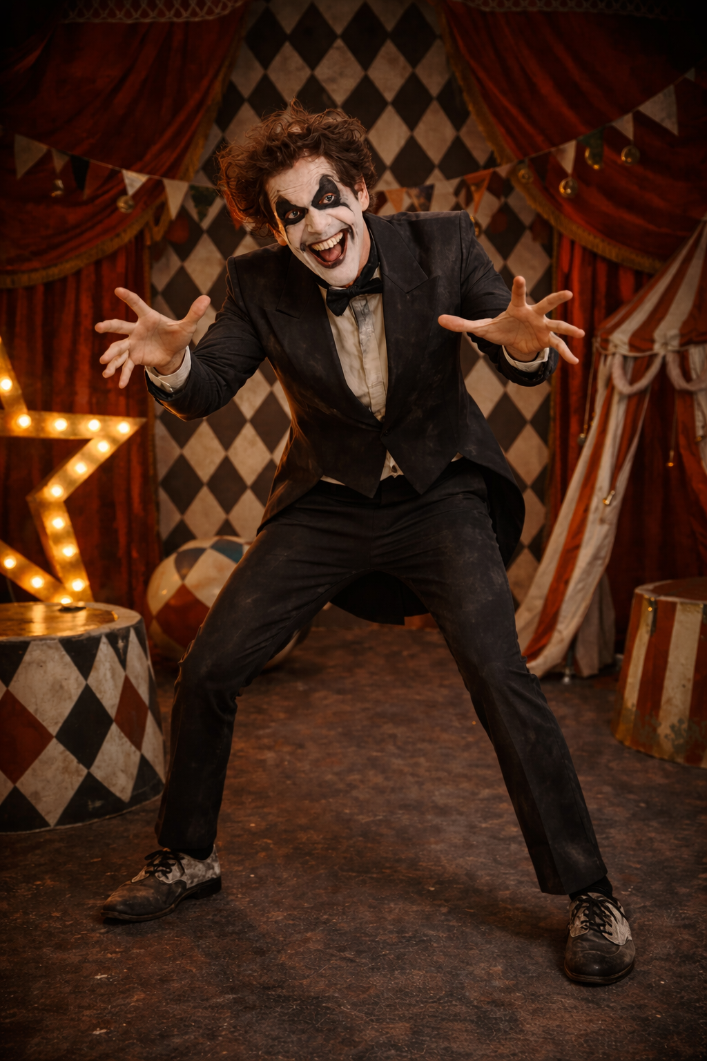Person in a black suit and white face makeup in a circus-themed setting with red and gold decorations.