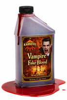 Bottle of Karnevil Vampire Fake Blood with label and red liquid on a white background