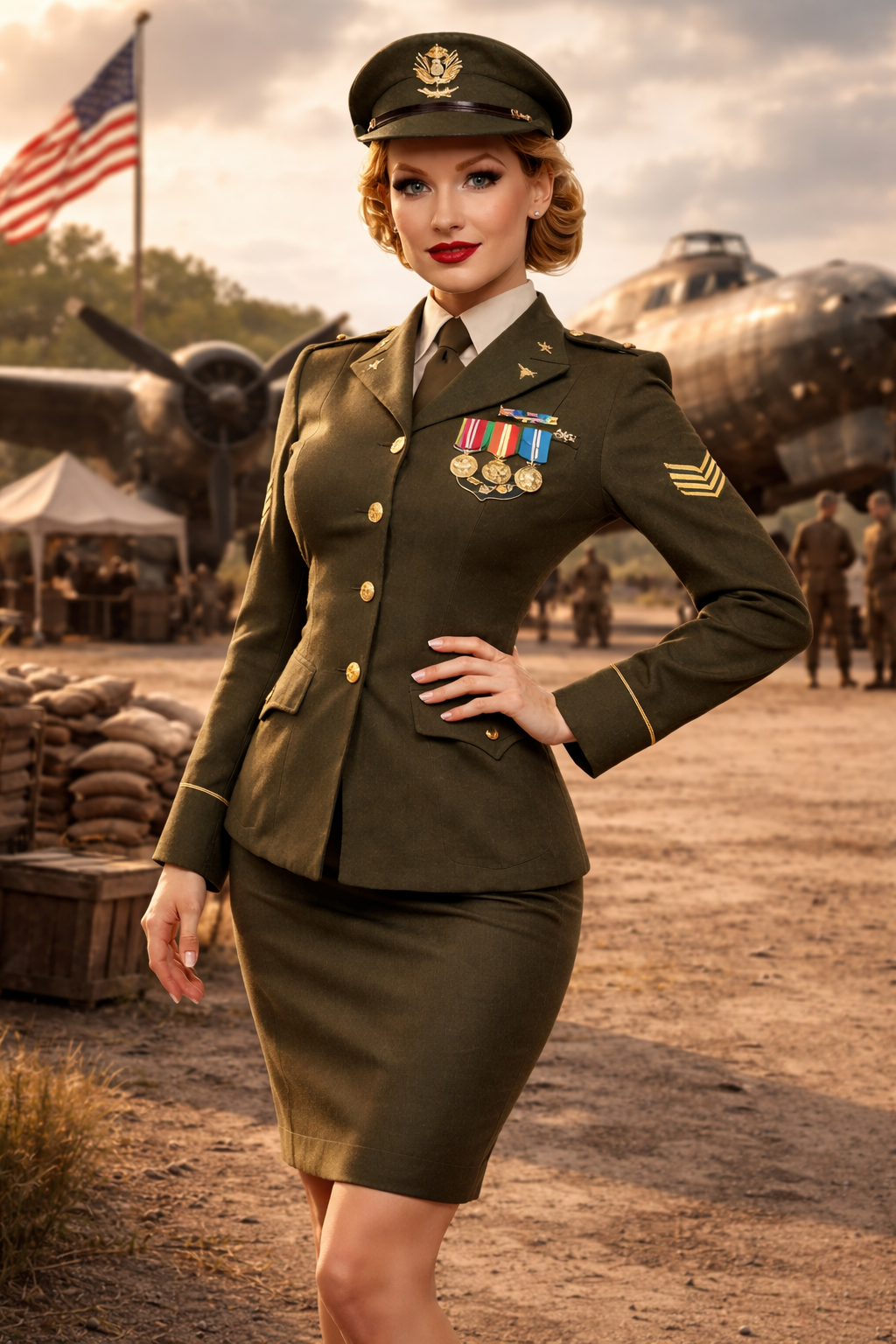Woman in a military uniform standing in front of vintage airplanes and flags.