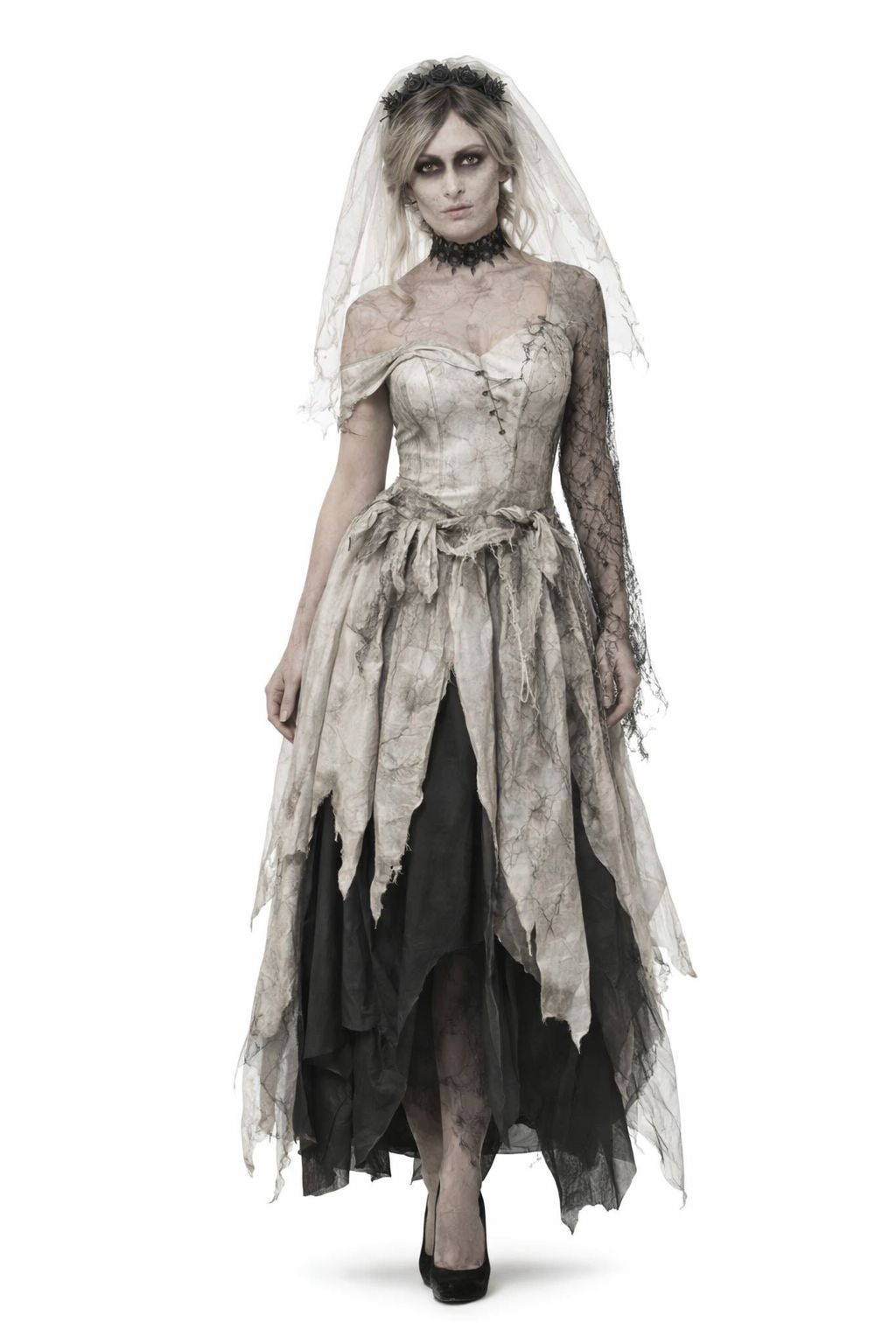 Woman wearing a ghostly wedding dress with a veil on a white background