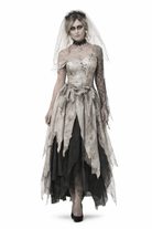 Woman wearing a ghostly wedding dress with a veil on a white background