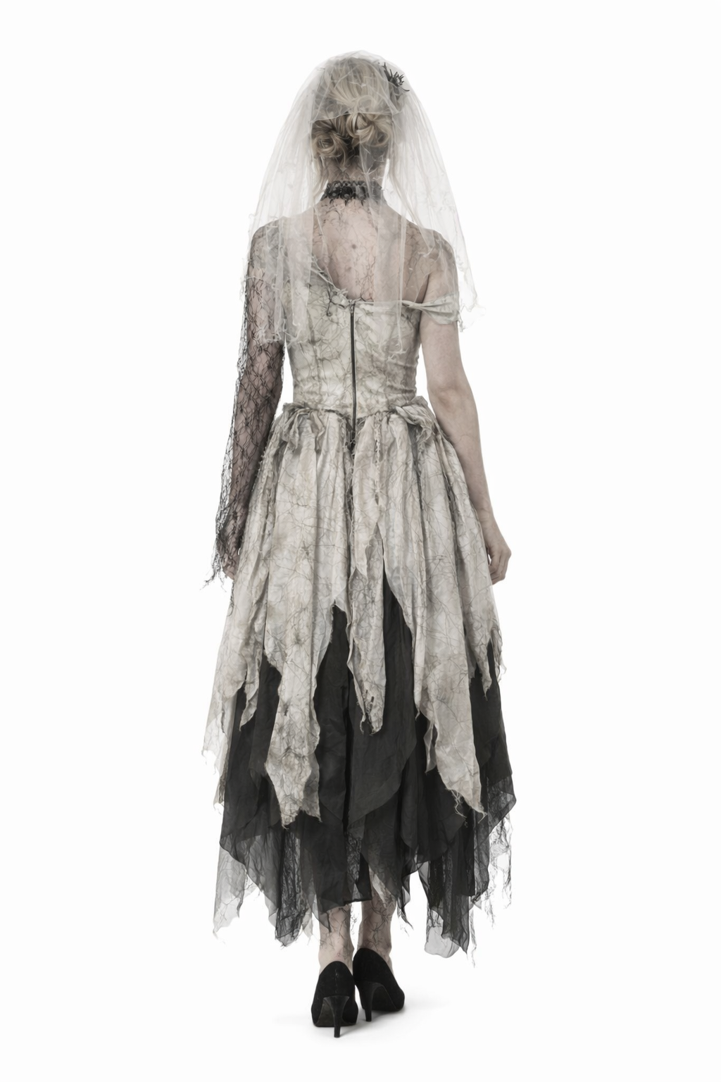 Gothic-style dress with sheer overlay and black accents on a white background
