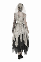 Gothic-style dress with sheer overlay and black accents on a white background