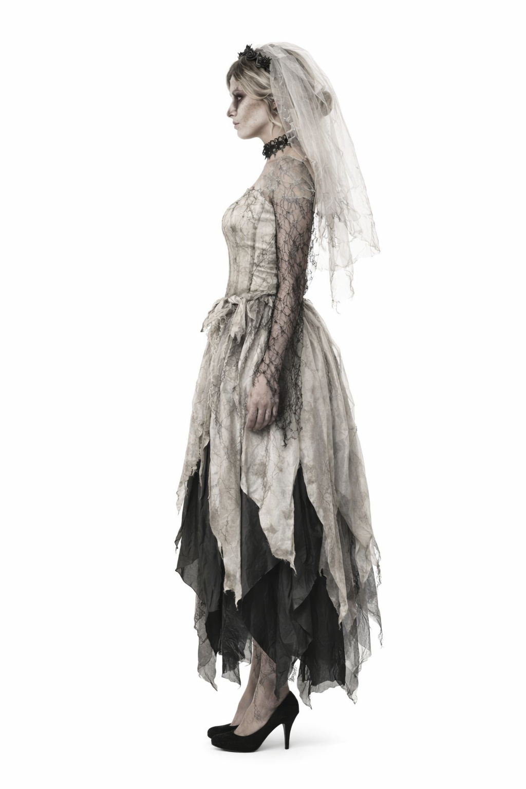 Gothic-style wedding dress with lace details on a white background