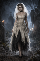 Woman in a ghostly wedding dress standing in a graveyard
