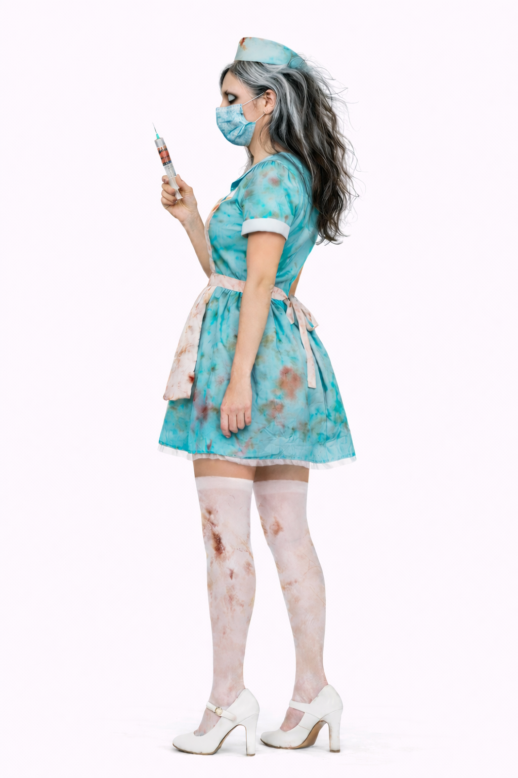 Person in a zombie nurse costume holding a syringe on a white background