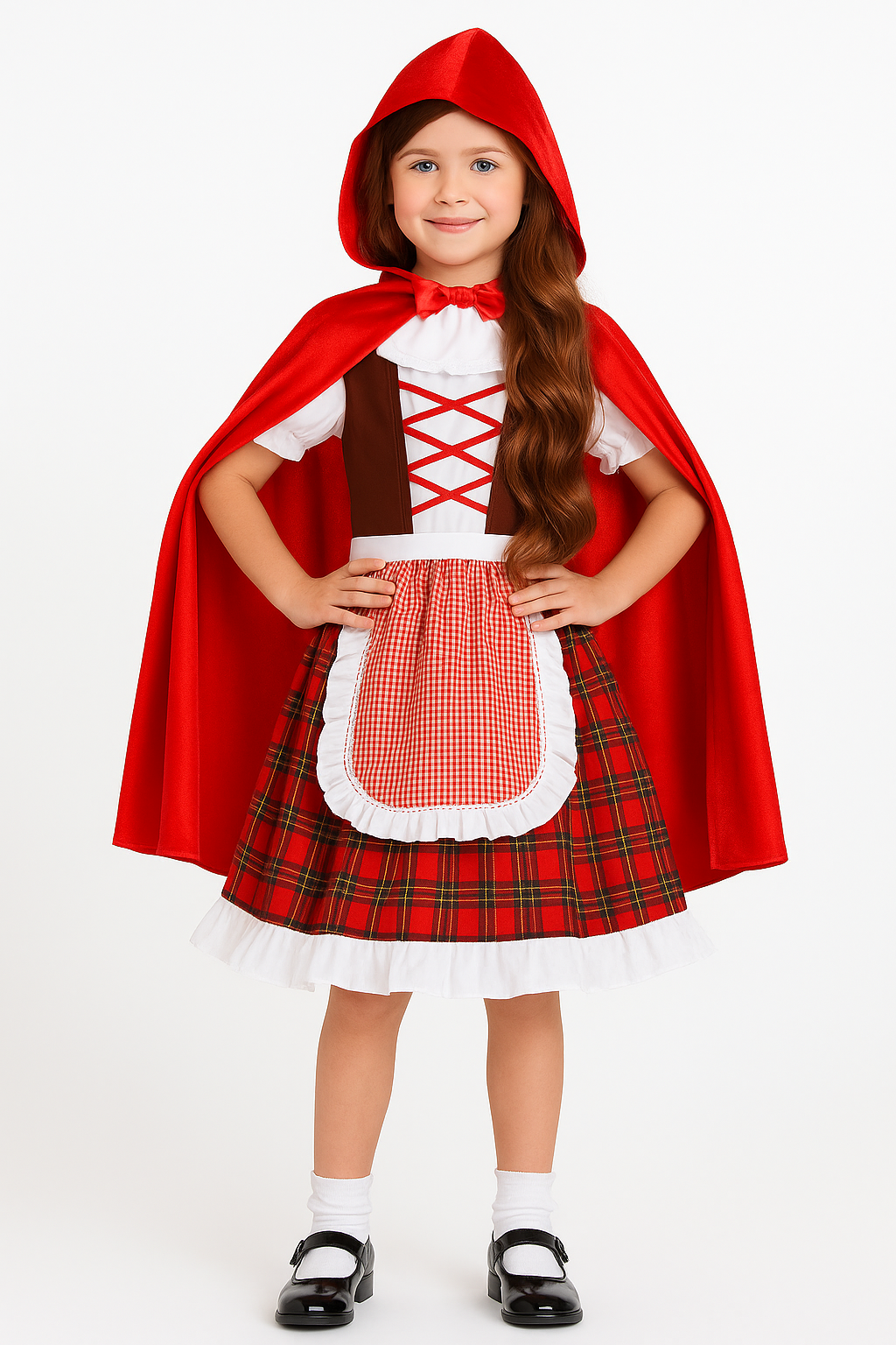 Child wearing a Little Red Riding Hood costume on a white background