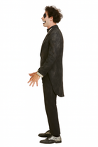 man in a dark suit dressed as a harlequin for halloween